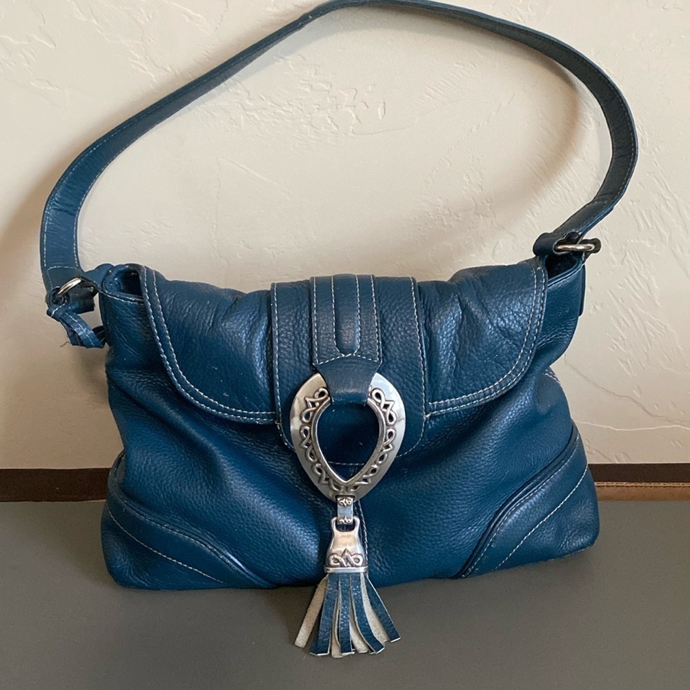MAXX NEW YORK stippled Leather blue Purse Satchel shoulder bag Leopard lining